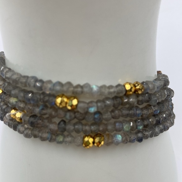 FacetedOpaque Labradorite Golden Pyrite Stretch Bracelet Average Medium - Picture 5 of 9